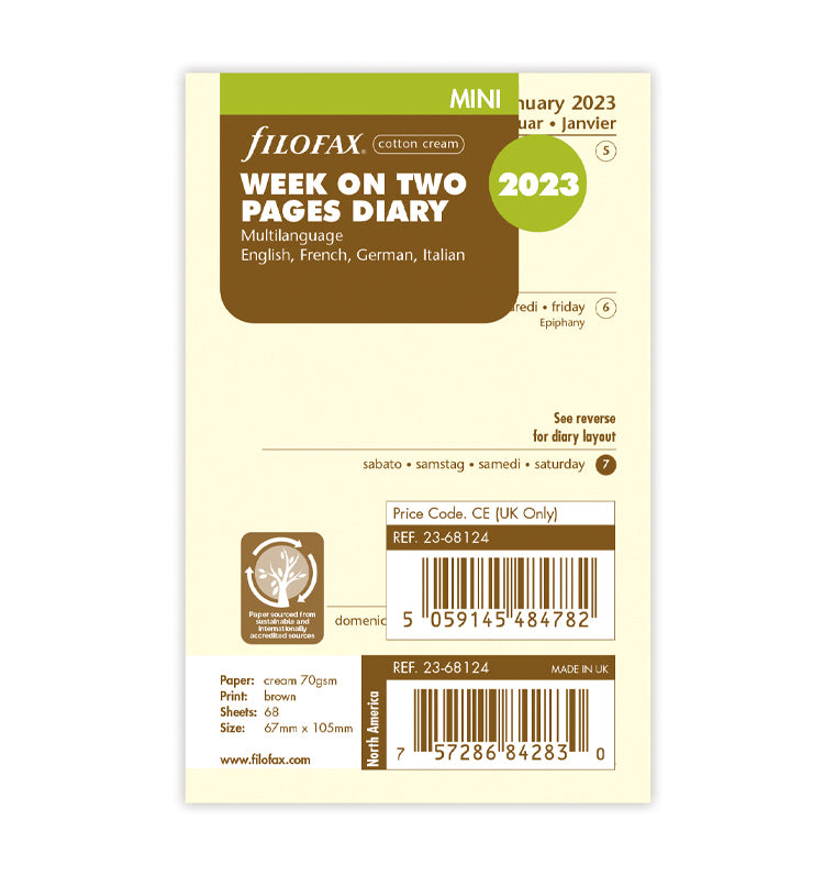 Filofax Week On Two Pages 2023 Diary Refill - Mini packaging - Luxury Cotton Cream Paper