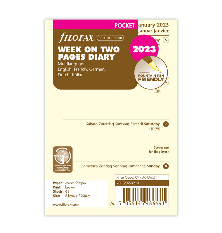 Filofax Week On Two Pages 2023 Diary - Pocket Luxury Cotton Cream packaging