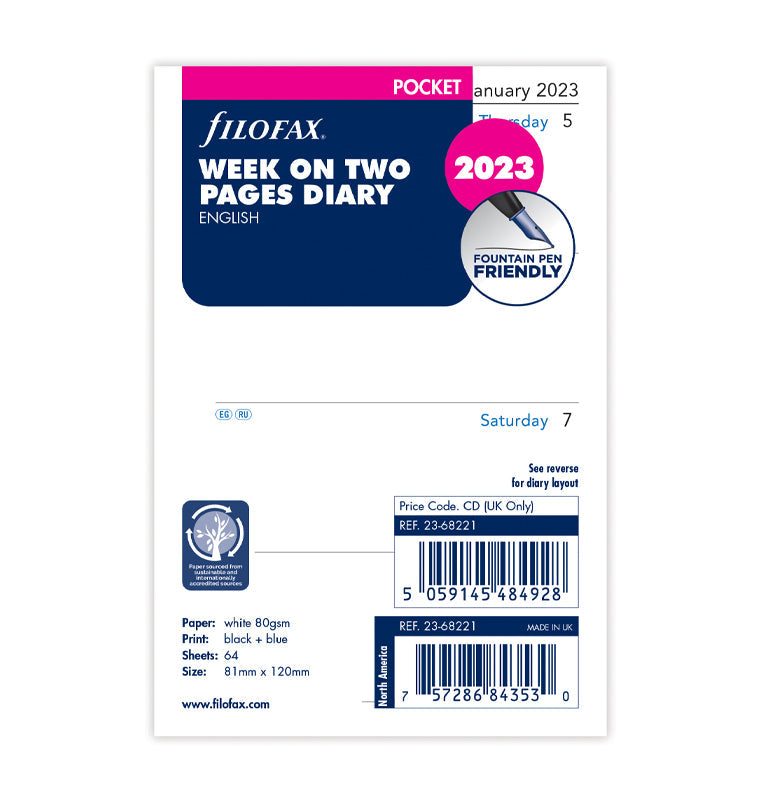 Filofax Week On Two Pages 2023 Diary Refill - Pocket size packaging