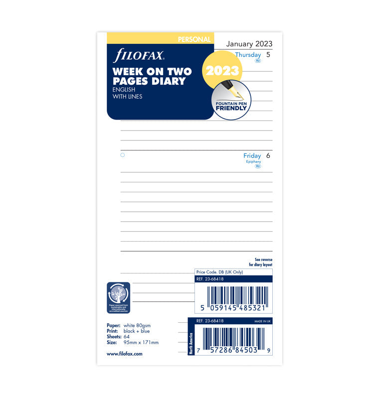 Filofax 2023 Week On Two Pages Lined Diary Refill - Personal Packaging