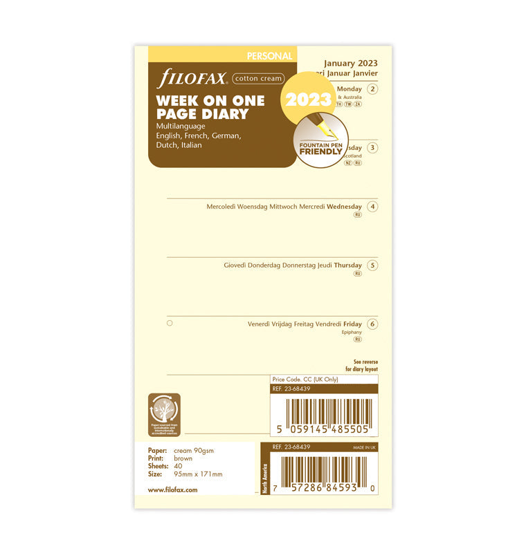 Filofax 2023 Week On One Page Diary Refill - Personal Cotton Cream Packaging