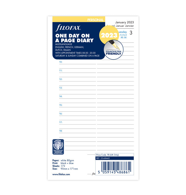 Filofax 2023 One Day On A Page Diary With Appointments Refill - Personal size packaging