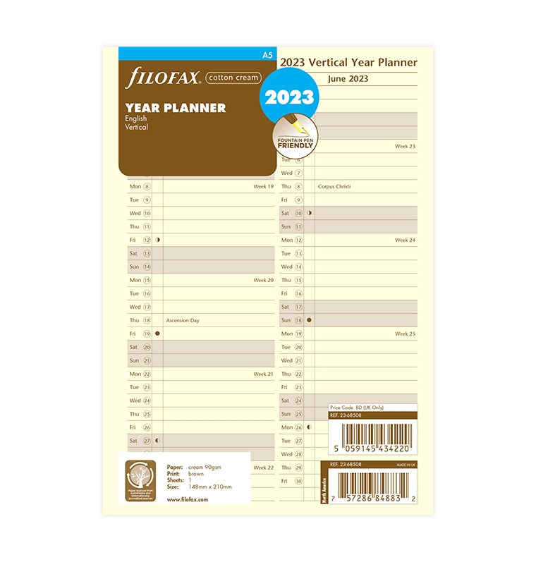Vertical Year Planner Refill A5 Cotton Cream in Packaging