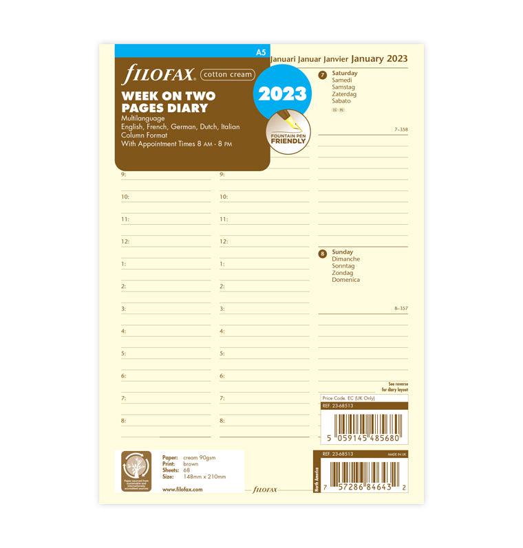 Filofax 2023 Week On Two Pages Diary With Appointments Refill - A5 size - Cotton Cream Packaging