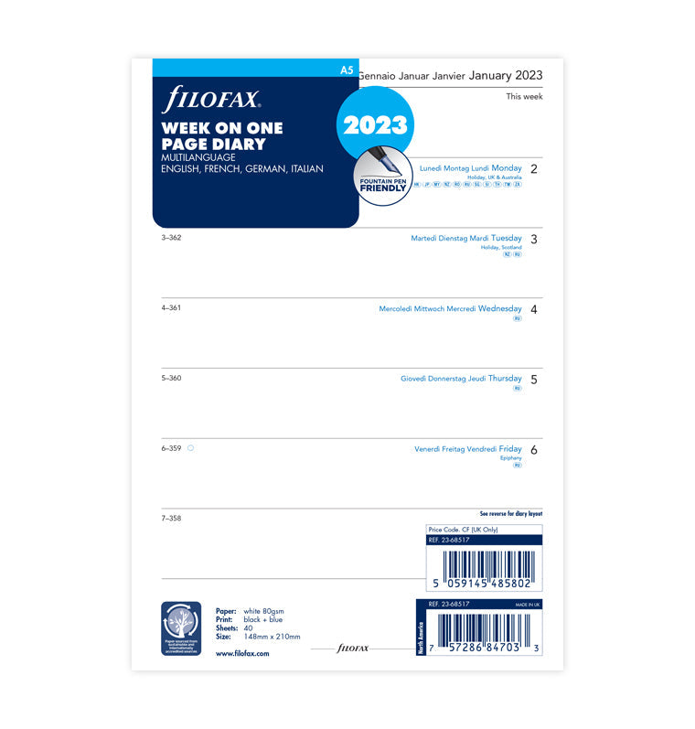Filofax Week On One Page 2023 Diary Refill - A5  Packaging