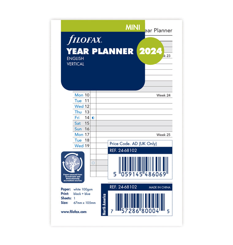 Filofax 2024 Vertical Year Planner Diary Refill - Mini Packaging