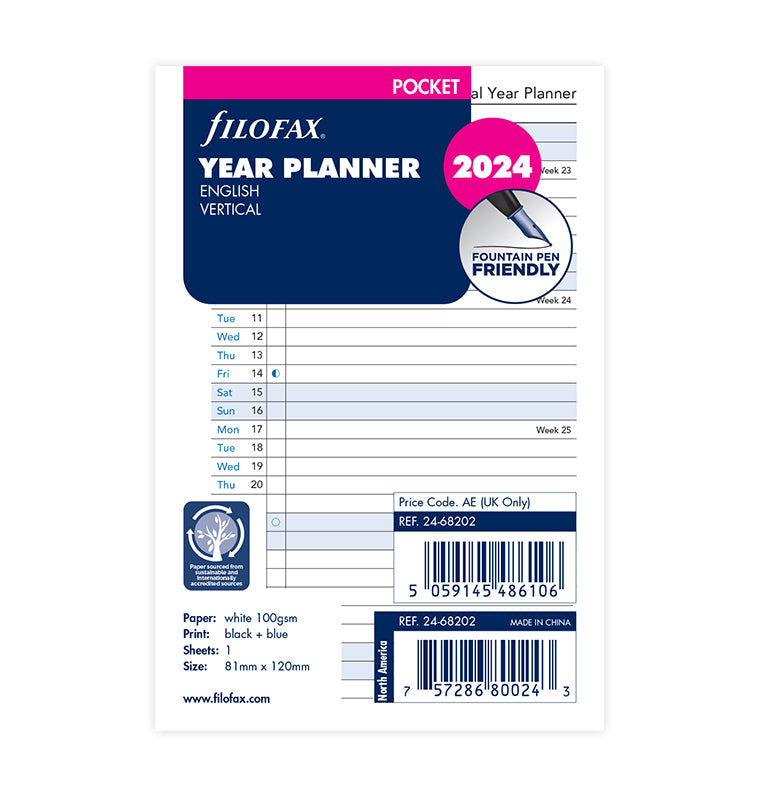 Filofax Vertical 2024 Year Planner Refill - Pocket size packaging
