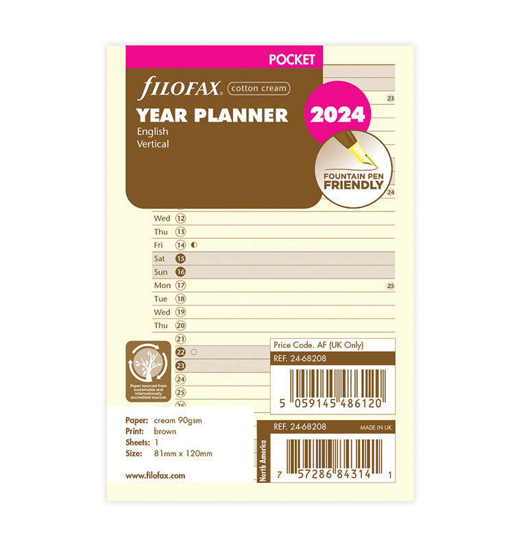 Filofax Cotton Cream 2024 Year Planner Refill - Pocket size packaging
