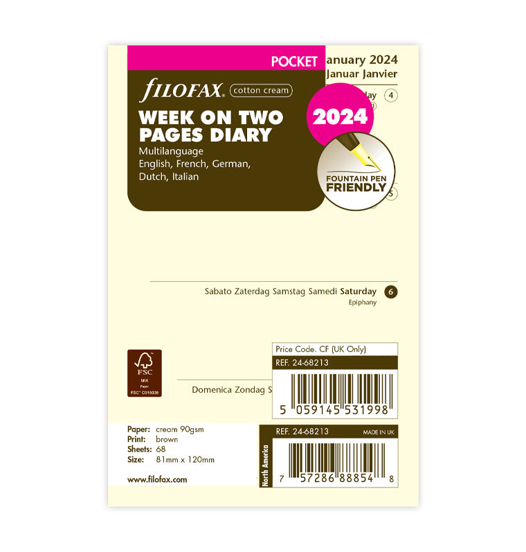 Week On Two Pages Diary - Pocket Cotton Cream 2024 Multilanguage - Filofax