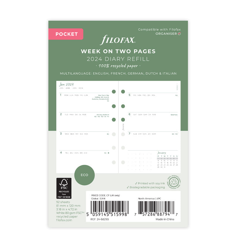 Filofax Eco Week On Two Pages 2024 Diary Refill - Pocket Size - Packaging
