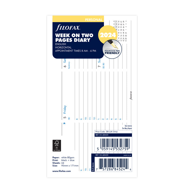 Horizontal Week On Two Pages Diary With Appointments - Personal 2024 English - Filofax