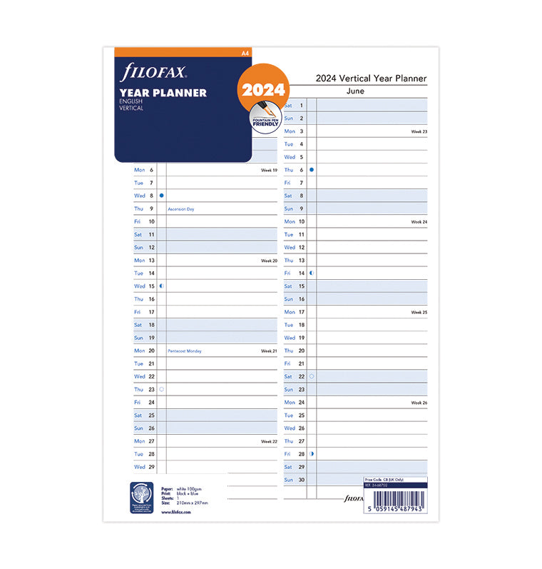 Filofax Vertical 2024 Year Planner Refill - A4 packaging