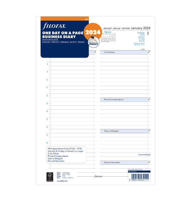One Day On A Page Business Diary - A4 2024 Multilanguage - Filofax